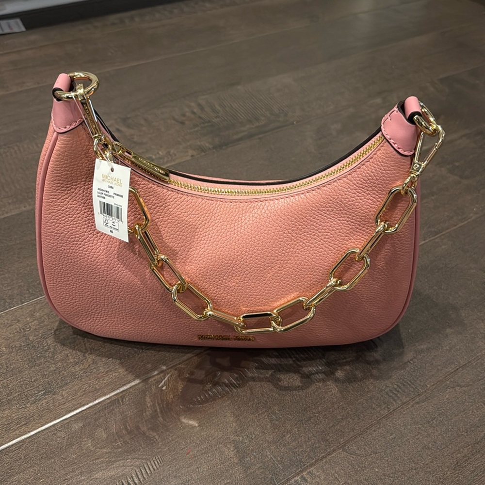 MICHAEL KORS Cora Large Pebbled Leather Chain-Link Crossbody Bag, primrose